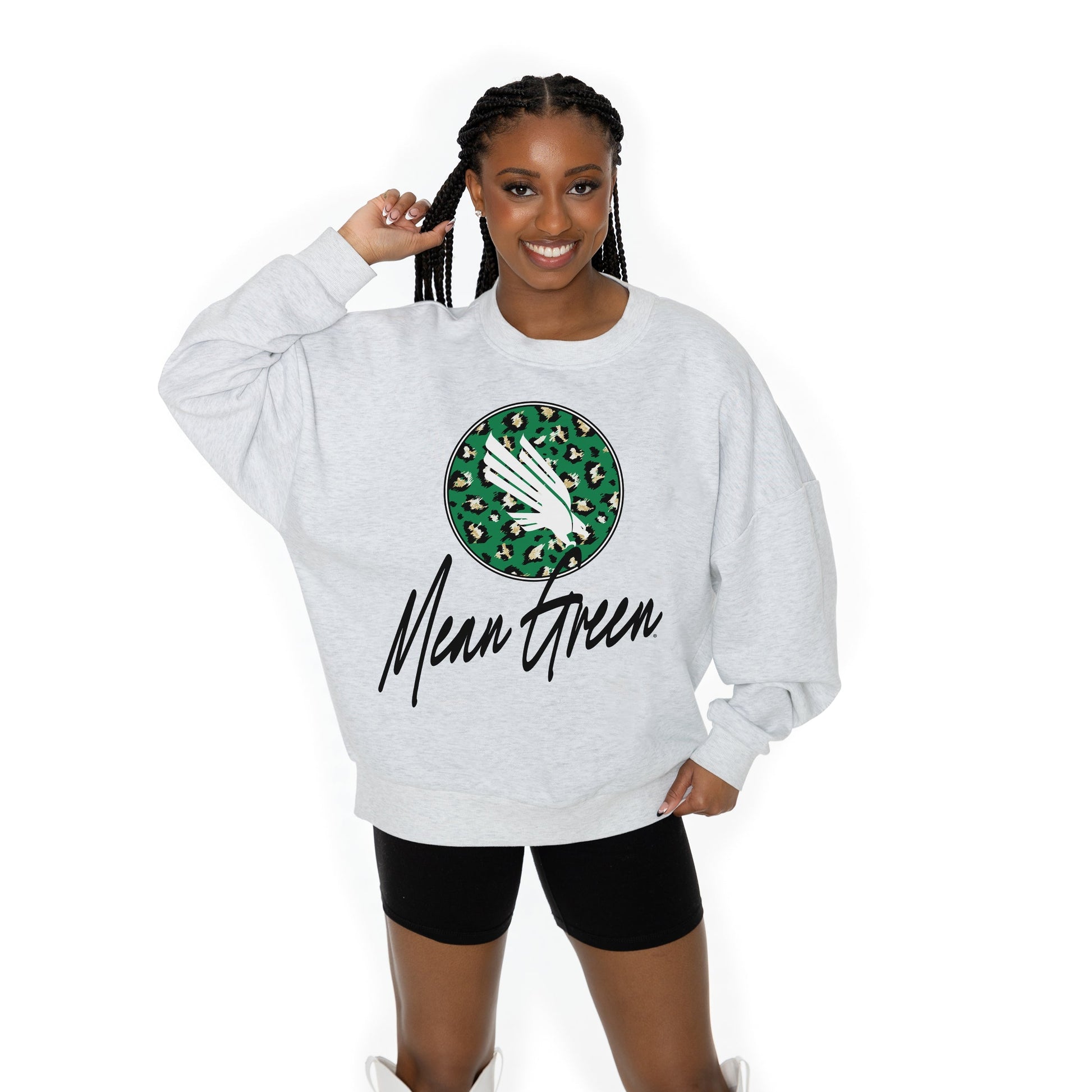 NORTH TEXAS MEAN GREEN GOING WILD LONG SLEEVE UNISEX FIT PREMIUM FLEECE CREWNECK SWEATSHIRT WITH RIBBED KNIT NECKLINE, WRIST, AND WAISTBAND
