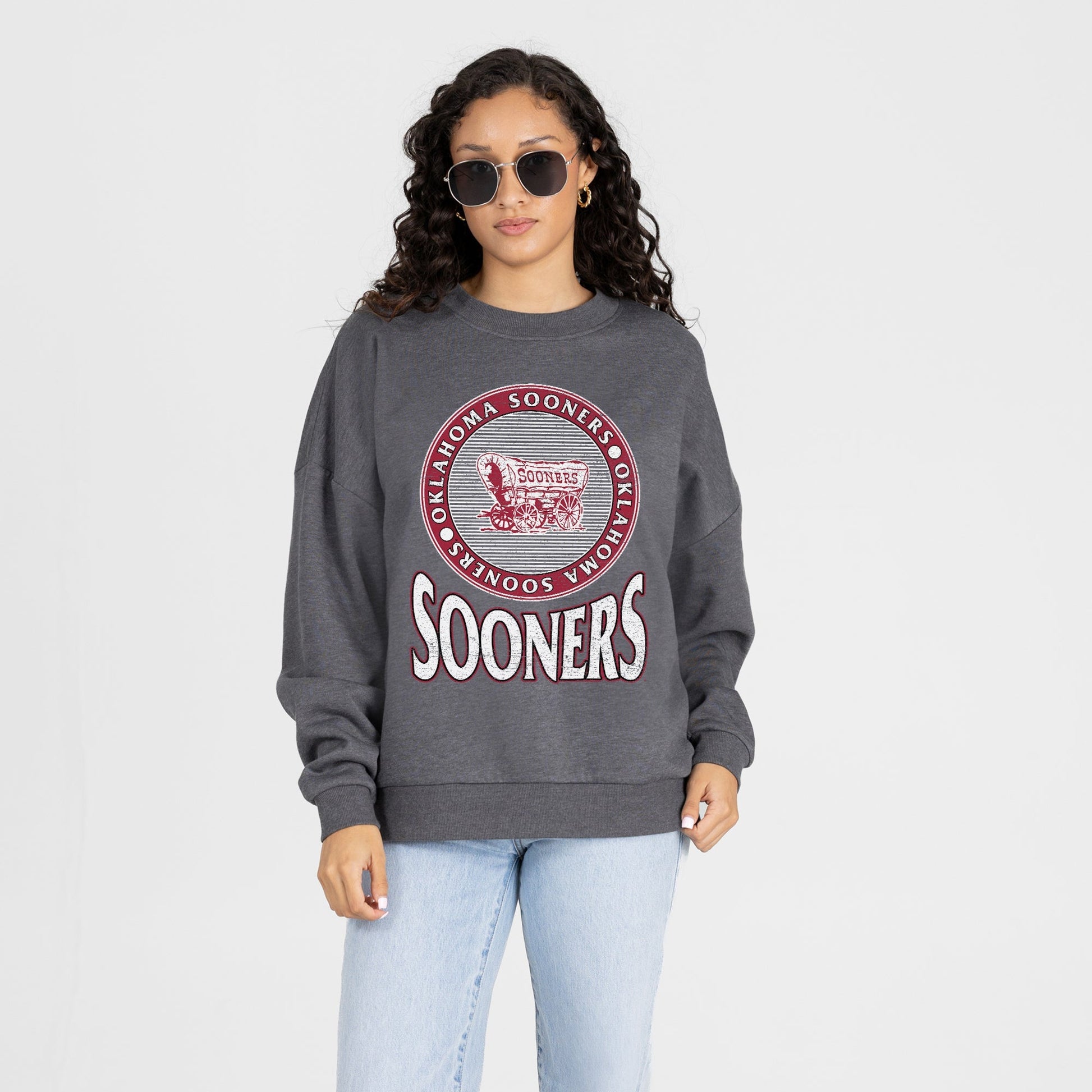OKLAHOMA SOONERS SATURDAY SEAL PREMIUM FLEECE DROP SHOULDER CREWNECK PULLOVER