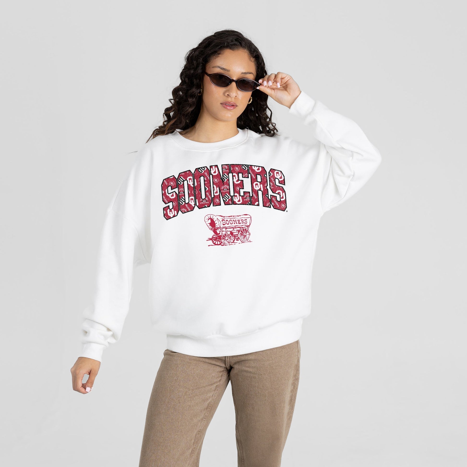 OKLAHOMA SOONERS SWEET PLAY PREMIUM FLEECE DROP SHOULDER CREWNECK PULLOVER