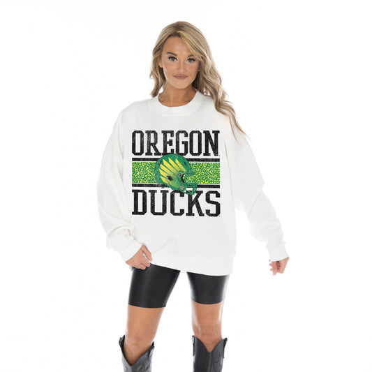 OREGON DUCKS FAIR CATCH LONG SLEEVE UNISEX FIT PREMIUM FLEECE CREWNECK SWEATSHIRT WITH RIBBED KNIT NECKLINE, WRIST, AND WAISTBAND