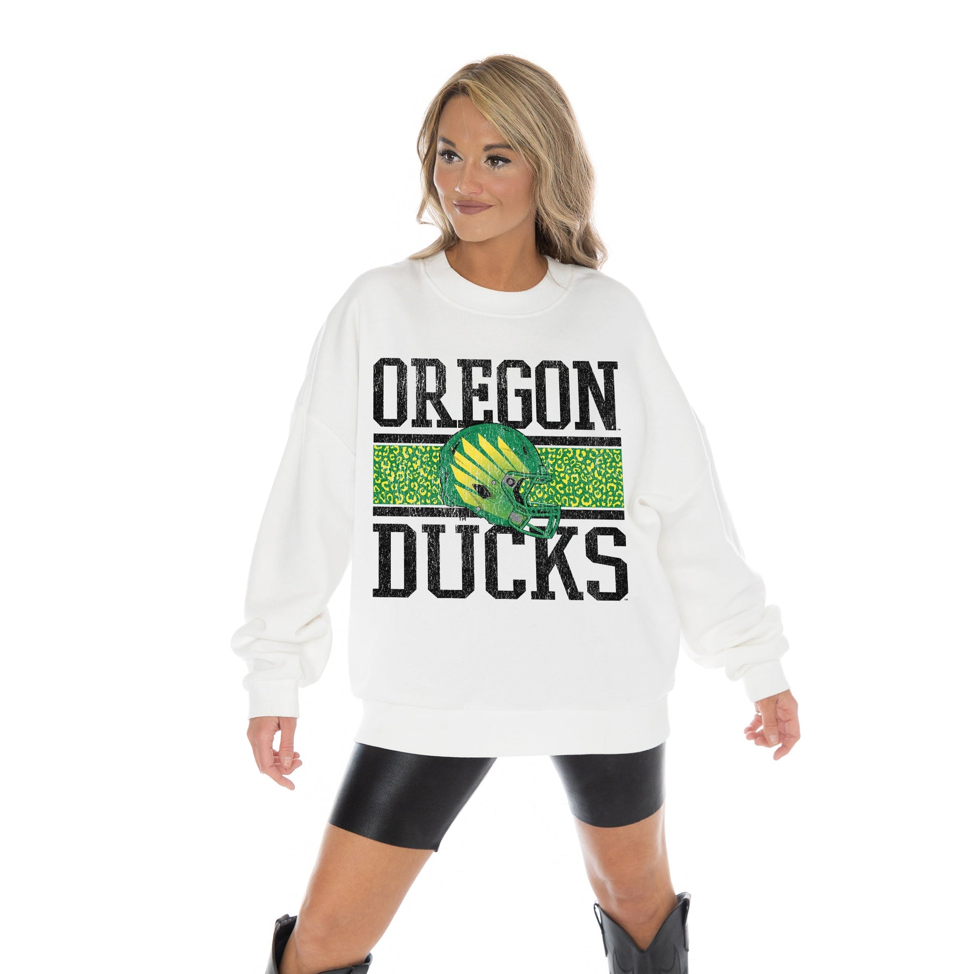 OREGON DUCKS FAIR CATCH LONG SLEEVE UNISEX FIT PREMIUM FLEECE CREWNECK SWEATSHIRT WITH RIBBED KNIT NECKLINE, WRIST, AND WAISTBAND