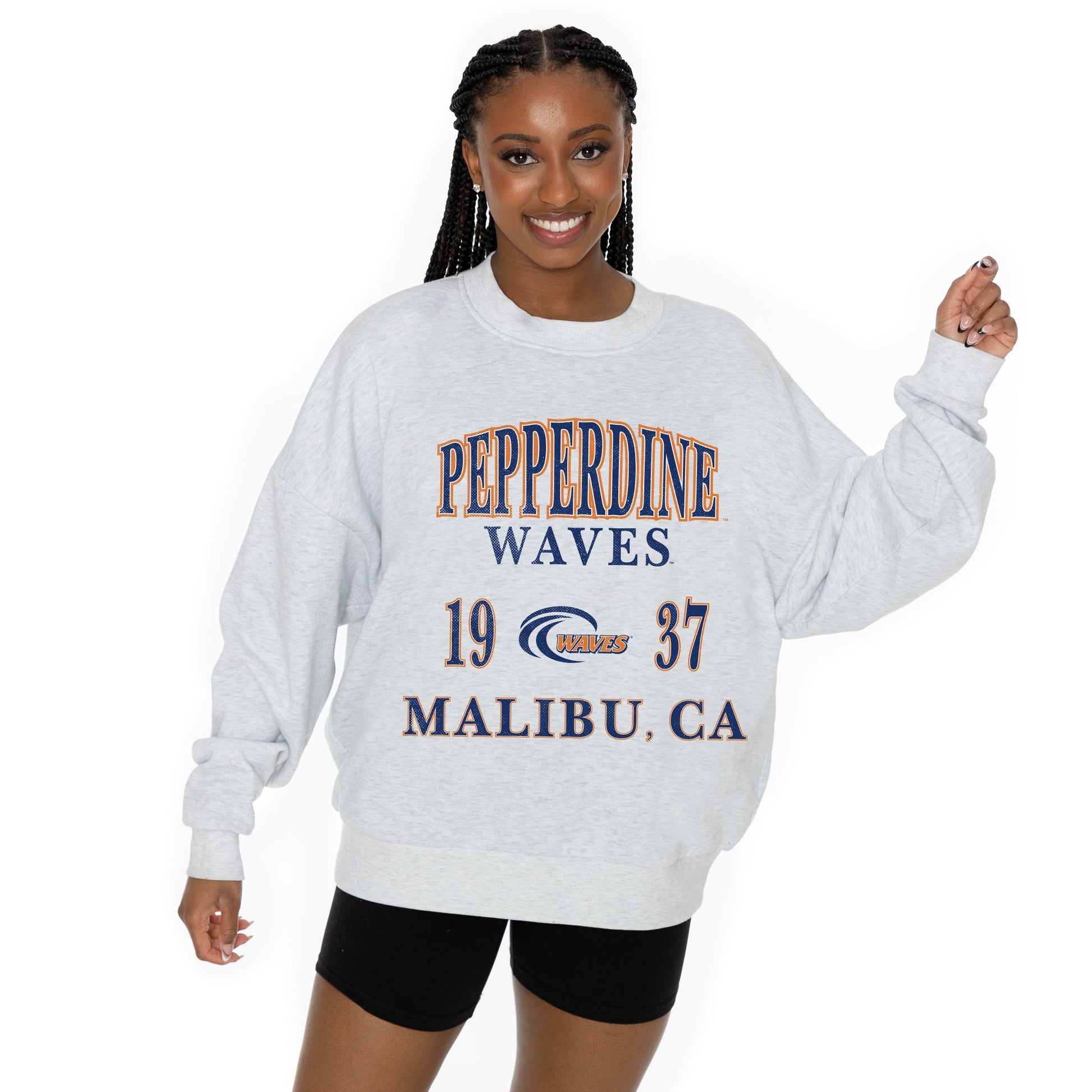 PEPPERDINE WAVES ALLEGIANCE LONG SLEEVE UNISEX FIT PREMIUM FLEECE CREWNECK SWEATSHIRT WITH RIBBED KNIT NECKLINE, WRIST, AND WAISTBAND