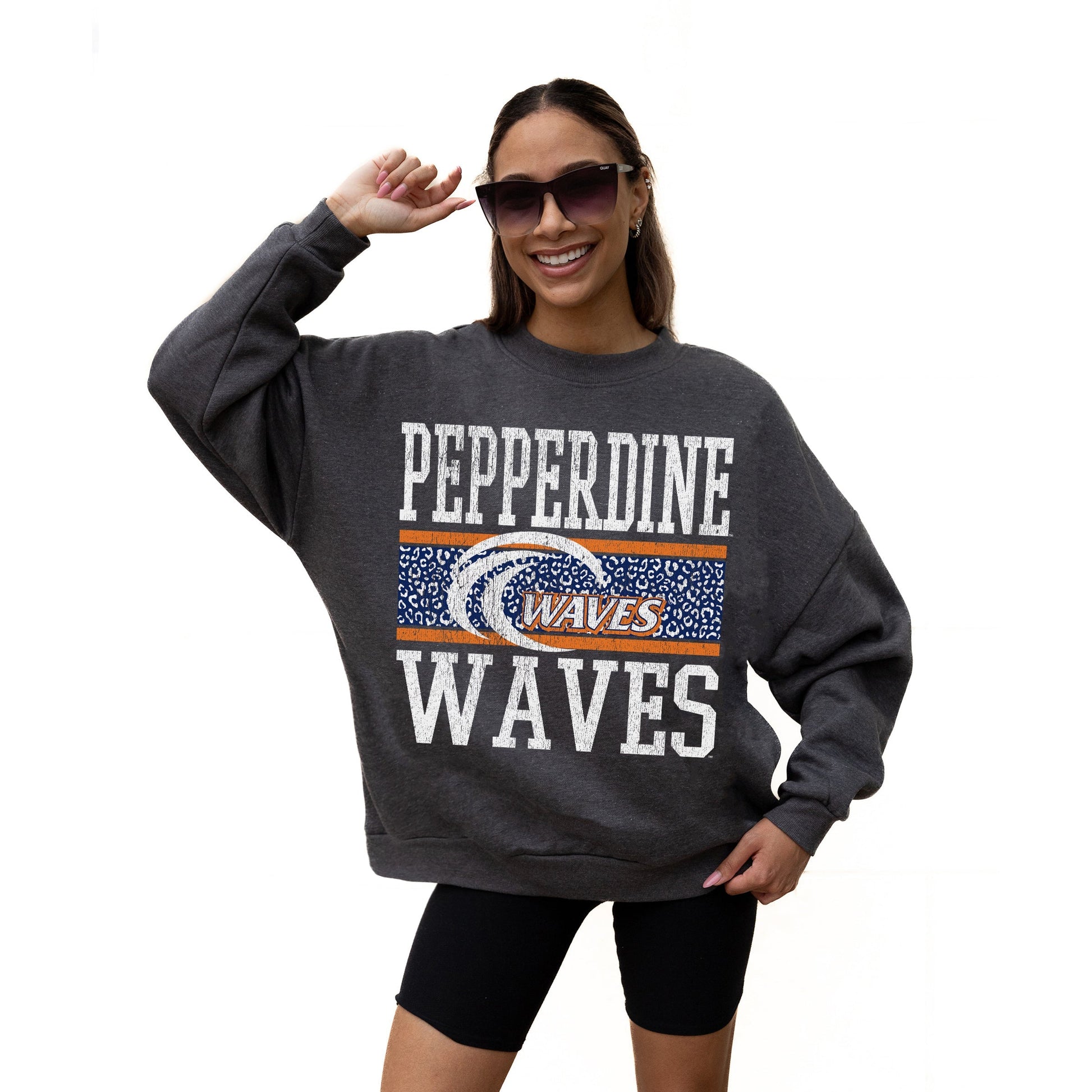 PEPPERDINE WAVES WILD TAILGATE LONG SLEEVE UNISEX FIT PREMIUM FLEECE CREWNECK SWEATSHIRT WITH RIBBED KNIT NECKLINE, WRIST, AND WAISTBAND