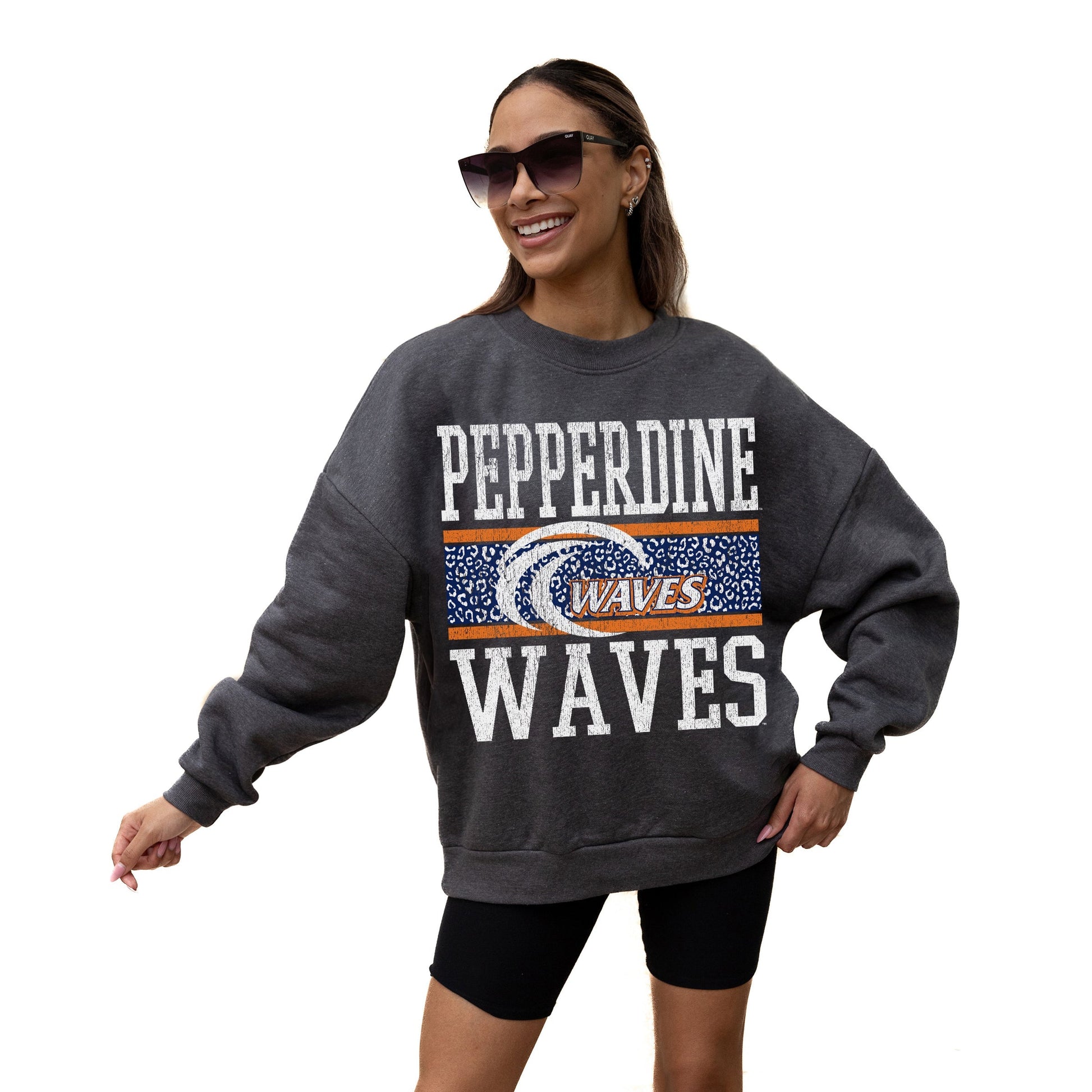 PEPPERDINE WAVES WILD TAILGATE LONG SLEEVE UNISEX FIT PREMIUM FLEECE CREWNECK SWEATSHIRT WITH RIBBED KNIT NECKLINE, WRIST, AND WAISTBAND