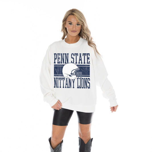 PENN STATE NITTANY LIONS FAIR CATCH LONG SLEEVE UNISEX FIT PREMIUM FLEECE CREWNECK SWEATSHIRT WITH RIBBED KNIT NECKLINE, WRIST, AND WAISTBAND