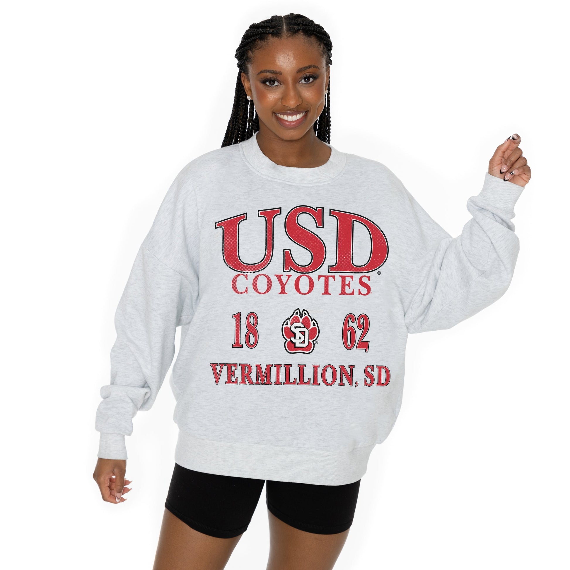SOUTH DAKOTA COYOTES ALLEGIANCE LONG SLEEVE UNISEX FIT PREMIUM FLEECE CREWNECK SWEATSHIRT WITH RIBBED KNIT NECKLINE, WRIST, AND WAISTBAND