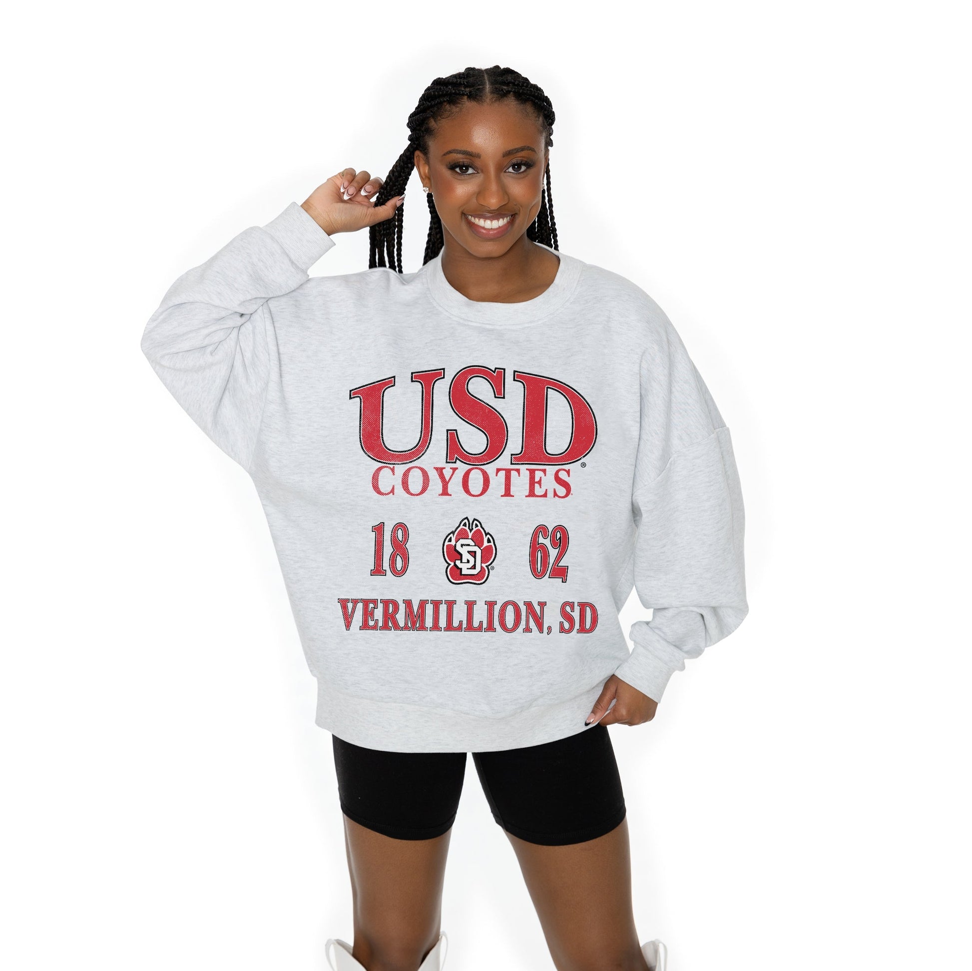 SOUTH DAKOTA COYOTES ALLEGIANCE LONG SLEEVE UNISEX FIT PREMIUM FLEECE CREWNECK SWEATSHIRT WITH RIBBED KNIT NECKLINE, WRIST, AND WAISTBAND