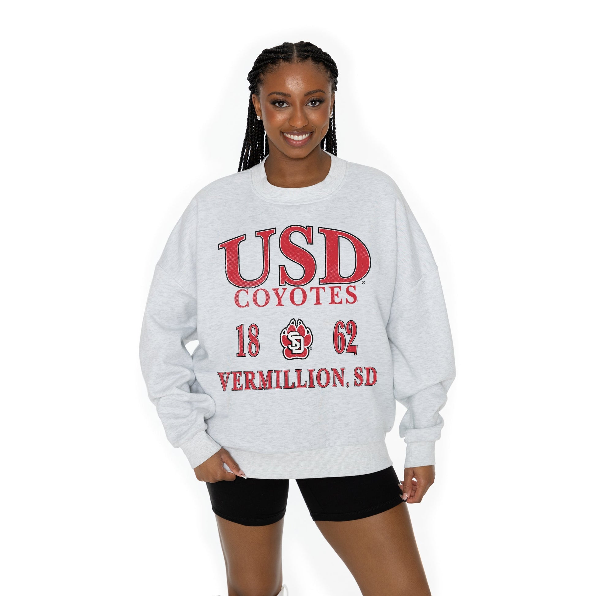 SOUTH DAKOTA COYOTES ALLEGIANCE LONG SLEEVE UNISEX FIT PREMIUM FLEECE CREWNECK SWEATSHIRT WITH RIBBED KNIT NECKLINE, WRIST, AND WAISTBAND
