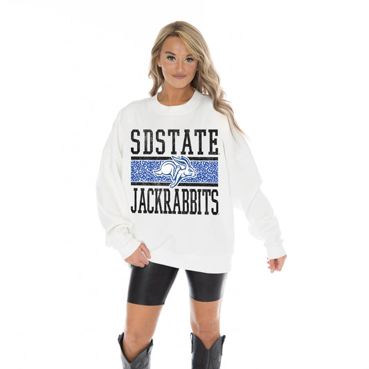 SOUTH DAKOTA STATE JACKRABBITS FAIR CATCH LONG SLEEVE UNISEX FIT PREMIUM FLEECE CREWNECK SWEATSHIRT WITH RIBBED KNIT NECKLINE, WRIST, AND WAISTBAND