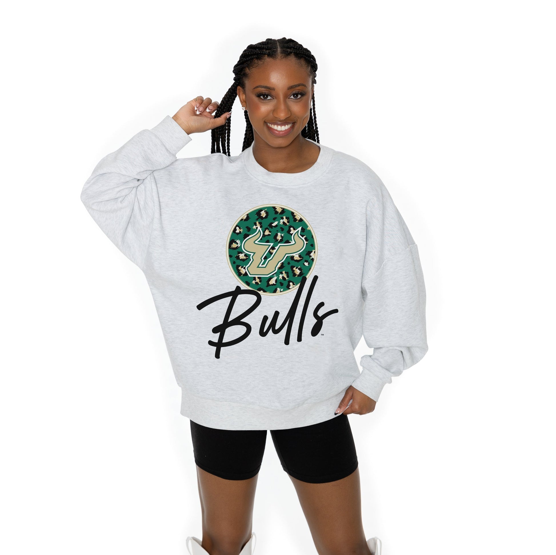 SOUTH FLORIDA BULLS GOING WILD LONG SLEEVE UNISEX FIT PREMIUM FLEECE CREWNECK SWEATSHIRT WITH RIBBED KNIT NECKLINE, WRIST, AND WAISTBAND