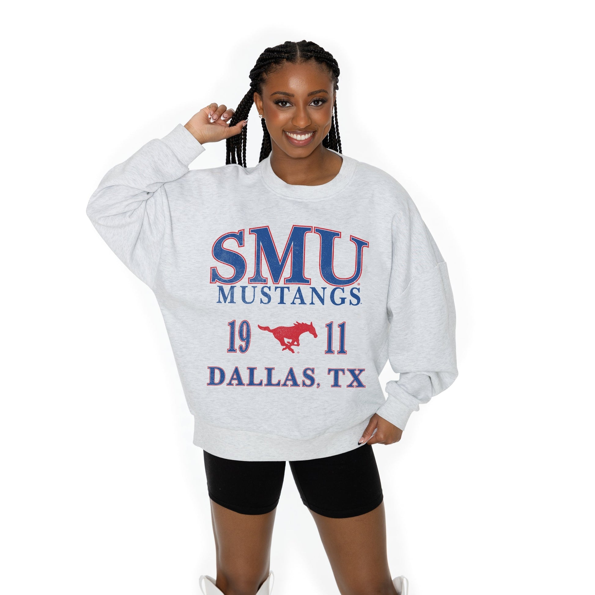SMU MUSTANGS ALLEGIANCE LONG SLEEVE UNISEX FIT PREMIUM FLEECE CREWNECK SWEATSHIRT WITH RIBBED KNIT NECKLINE, WRIST, AND WAISTBAND
