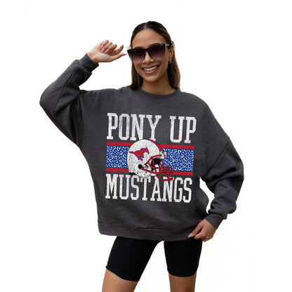 SMU MUSTANGS WILD TAILGATE LONG SLEEVE UNISEX FIT PREMIUM FLEECE CREWNECK SWEATSHIRT WITH RIBBED KNIT NECKLINE, WRIST, AND WAISTBAND
