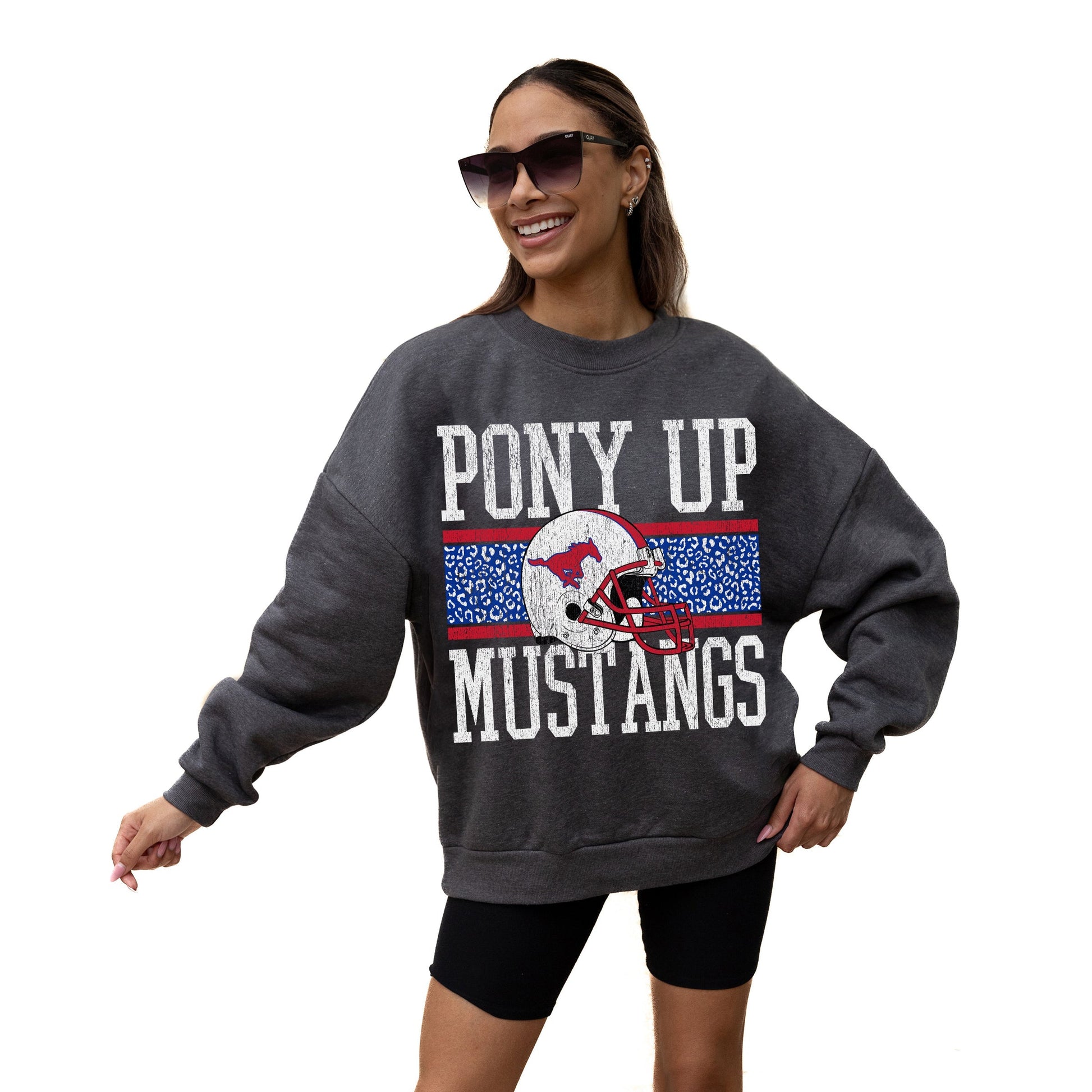 SMU MUSTANGS WILD TAILGATE LONG SLEEVE UNISEX FIT PREMIUM FLEECE CREWNECK SWEATSHIRT WITH RIBBED KNIT NECKLINE, WRIST, AND WAISTBAND
