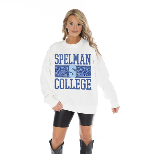 SPELMAN COLLEGE JAGUARS FAIR CATCH LONG SLEEVE UNISEX FIT PREMIUM FLEECE CREWNECK SWEATSHIRT WITH RIBBED KNIT NECKLINE, WRIST, AND WAISTBAND