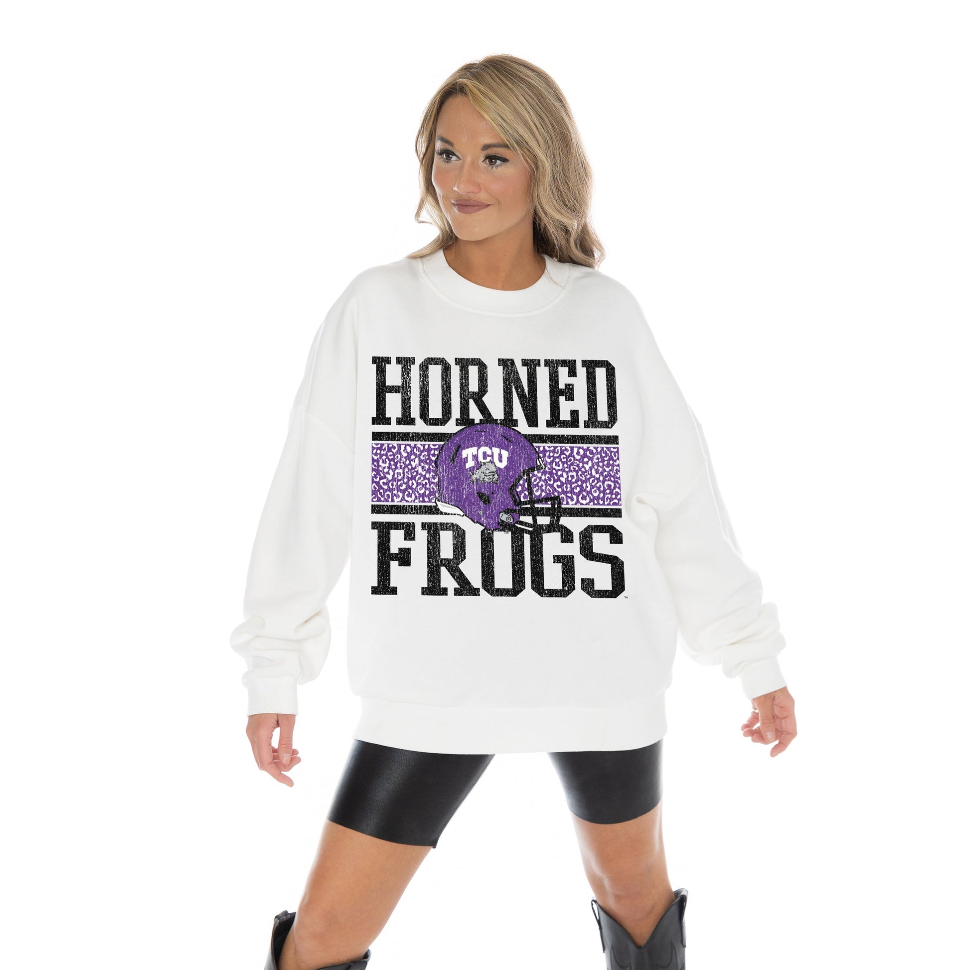 TCU HORNED FROGS FAIR CATCH LONG SLEEVE UNISEX FIT PREMIUM FLEECE CREWNECK SWEATSHIRT WITH RIBBED KNIT NECKLINE, WRIST, AND WAISTBAND