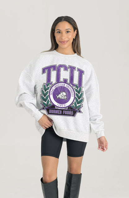 TCU HORNED FROGS HERITAGE PREMIUM FLEECE DROP SHOULDER CREWNECK PULLOVER