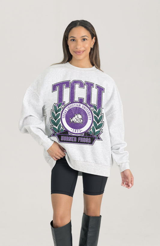 TCU HORNED FROGS HERITAGE PREMIUM FLEECE DROP SHOULDER CREWNECK PULLOVER