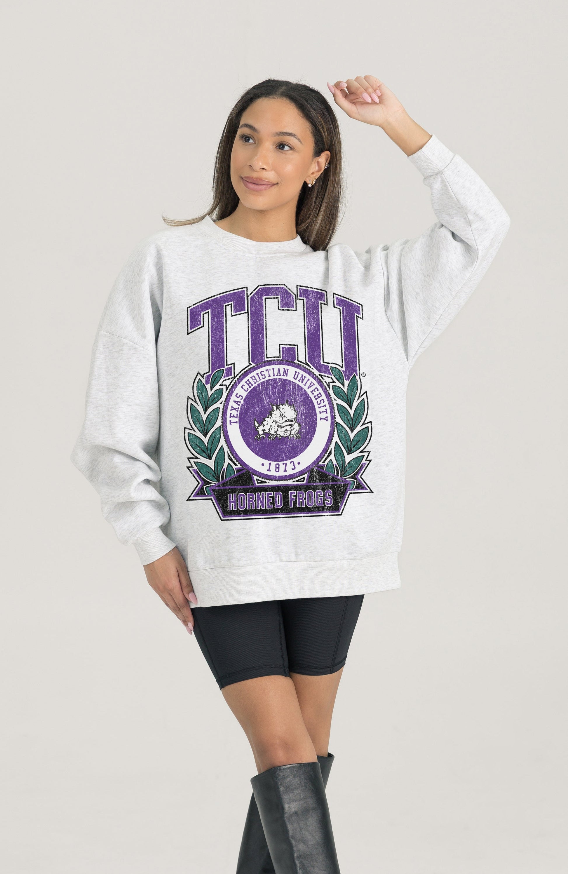 TCU HORNED FROGS HERITAGE PREMIUM FLEECE DROP SHOULDER CREWNECK PULLOVER