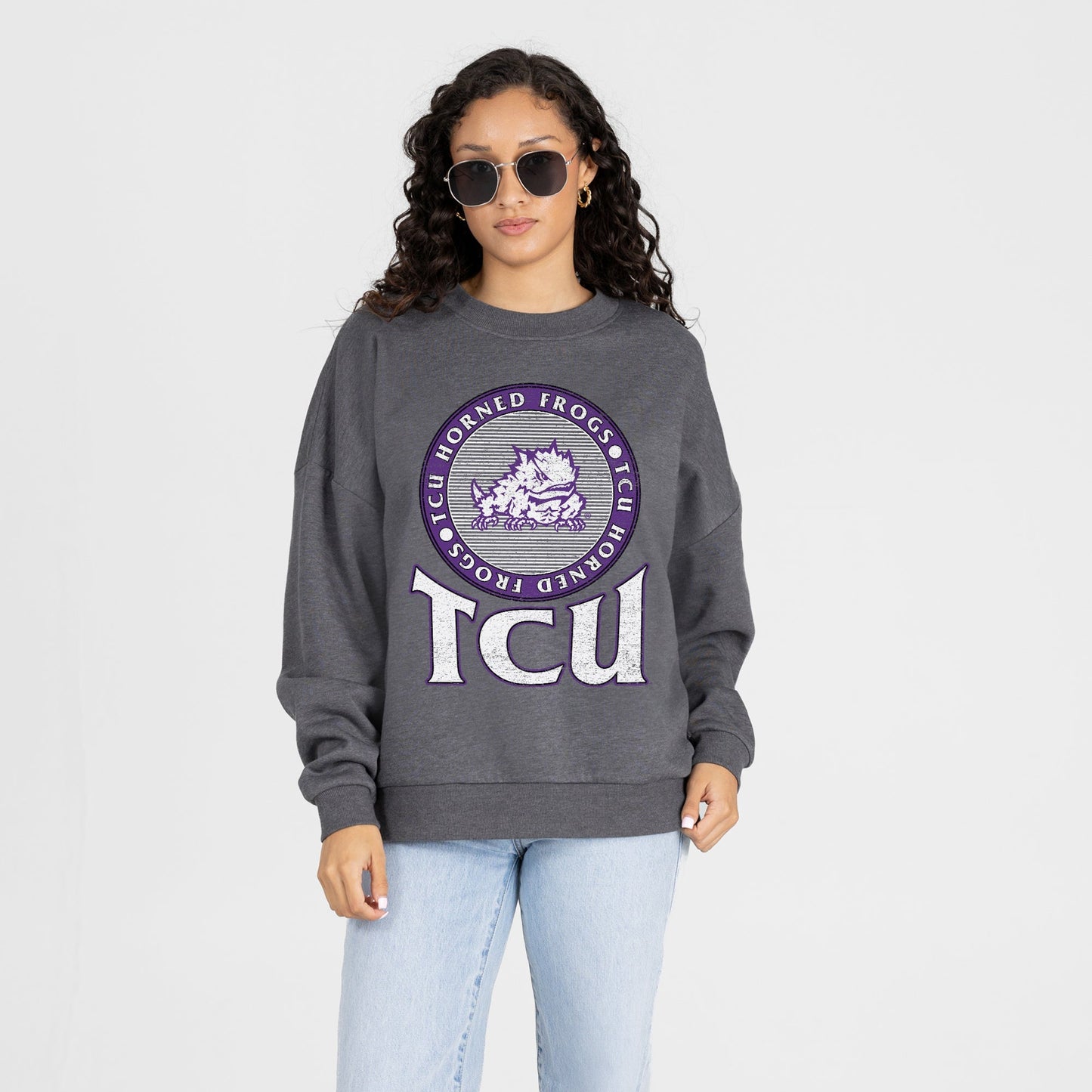TCU HORNED FROGS SATURDAY SEAL PREMIUM FLEECE DROP SHOULDER CREWNECK PULLOVER
