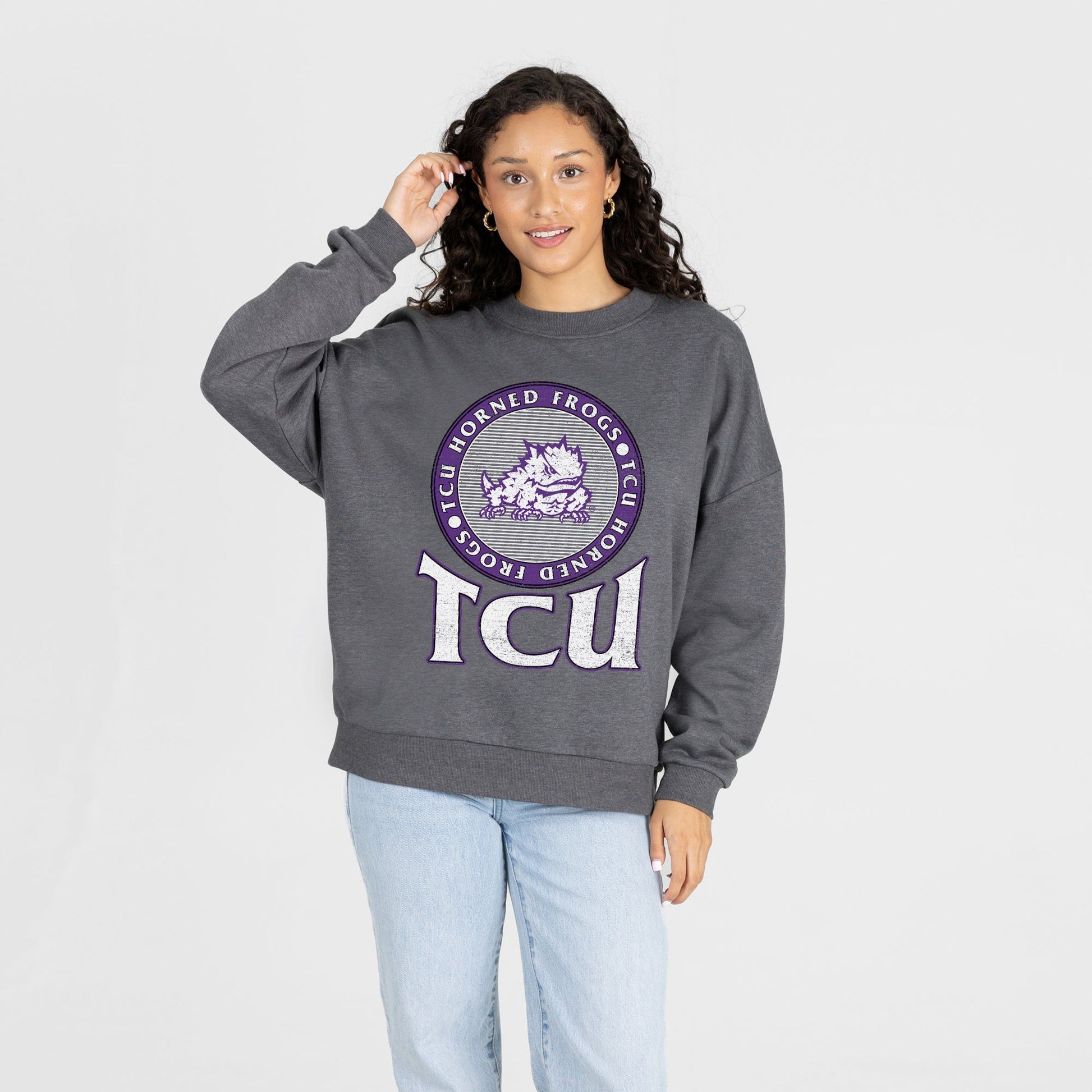TCU HORNED FROGS SATURDAY SEAL PREMIUM FLEECE DROP SHOULDER CREWNECK PULLOVER