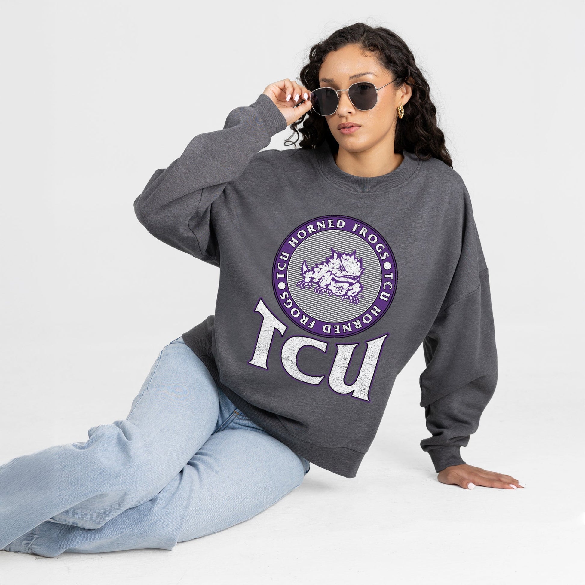 TCU HORNED FROGS SATURDAY SEAL PREMIUM FLEECE DROP SHOULDER CREWNECK PULLOVER