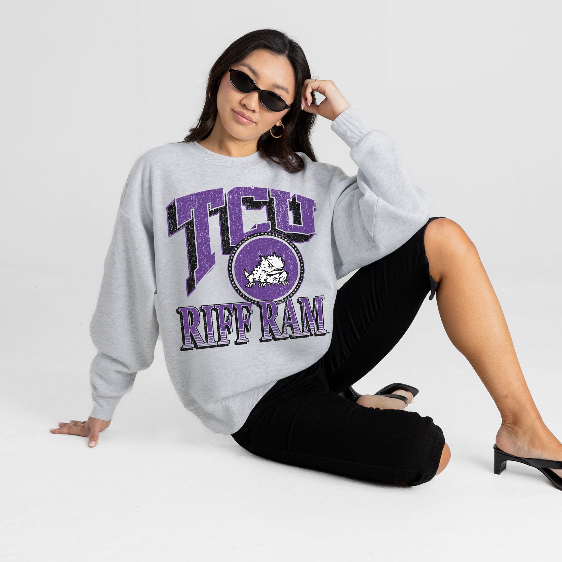 TCU HORNED FROGS GAME ON PREMIUM FLEECE DROP SHOULDER CREWNECK PULLOVER