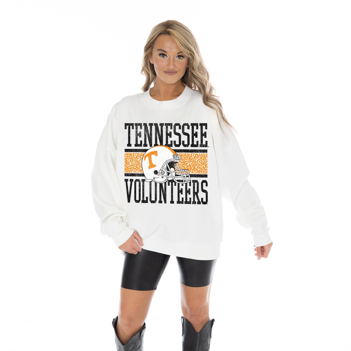 TENNESSEE VOLUNTEERS FAIR CATCH LONG SLEEVE UNISEX FIT PREMIUM FLEECE CREWNECK SWEATSHIRT WITH RIBBED KNIT NECKLINE, WRIST, AND WAISTBAND