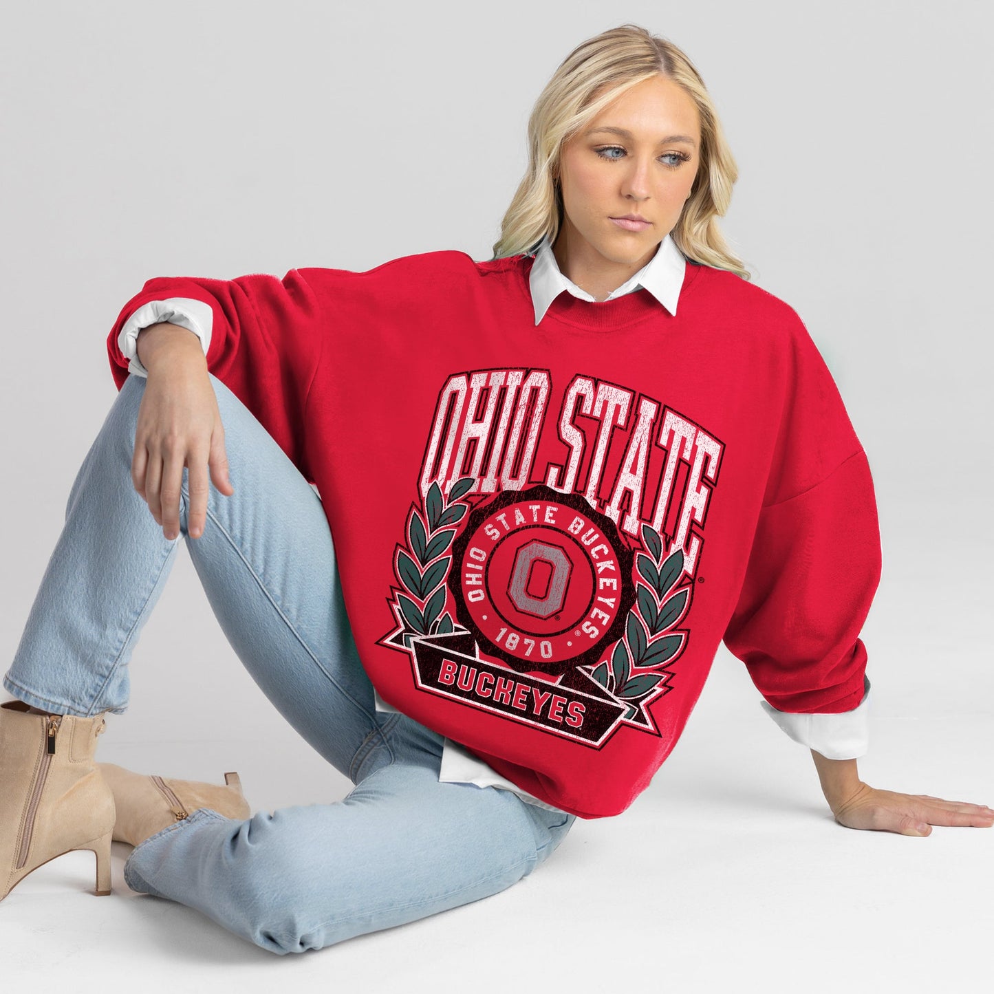 OHIO STATE BUCKEYES CLASSIC ARCHIVES PREMIUM FLEECE DROP SHOULDER CREWNECK PULLOVER