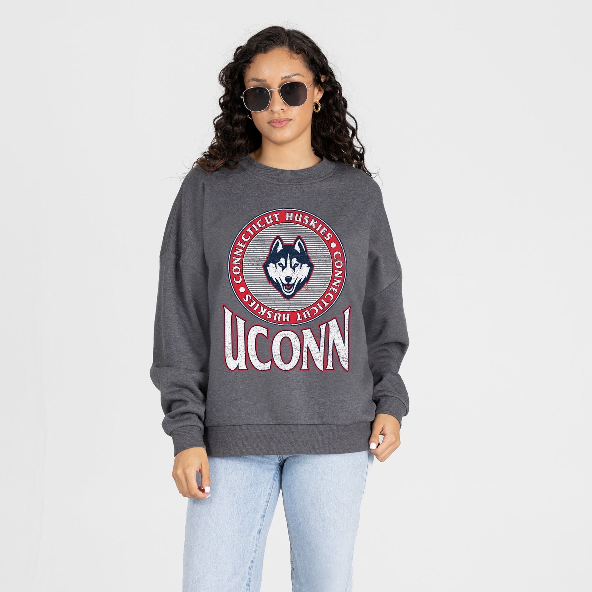 UCONN HUSKIES SATURDAY SEAL PREMIUM FLEECE DROP SHOULDER CREWNECK PULLOVER