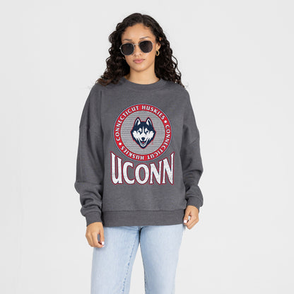 UCONN HUSKIES SATURDAY SEAL PREMIUM FLEECE DROP SHOULDER CREWNECK PULLOVER