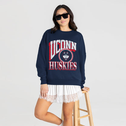 UCONN HUSKIES MAIN CHARACTER PREMIUM FLEECE DROP SHOULDER CREWNECK PULLOVER