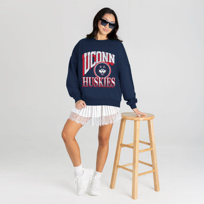 UCONN HUSKIES MAIN CHARACTER PREMIUM FLEECE DROP SHOULDER CREWNECK PULLOVER