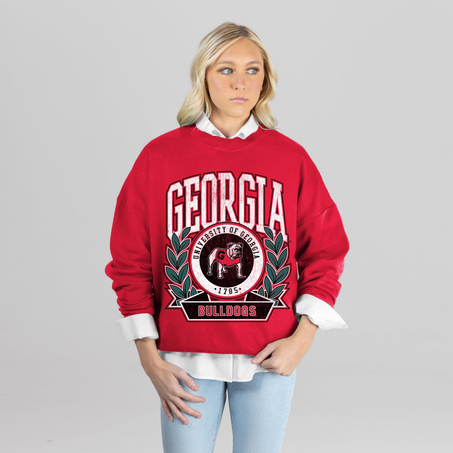 GEORGIA BULLDOGS CLASSIC ARCHIVES PREMIUM FLEECE DROP SHOULDER CREWNECK PULLOVER