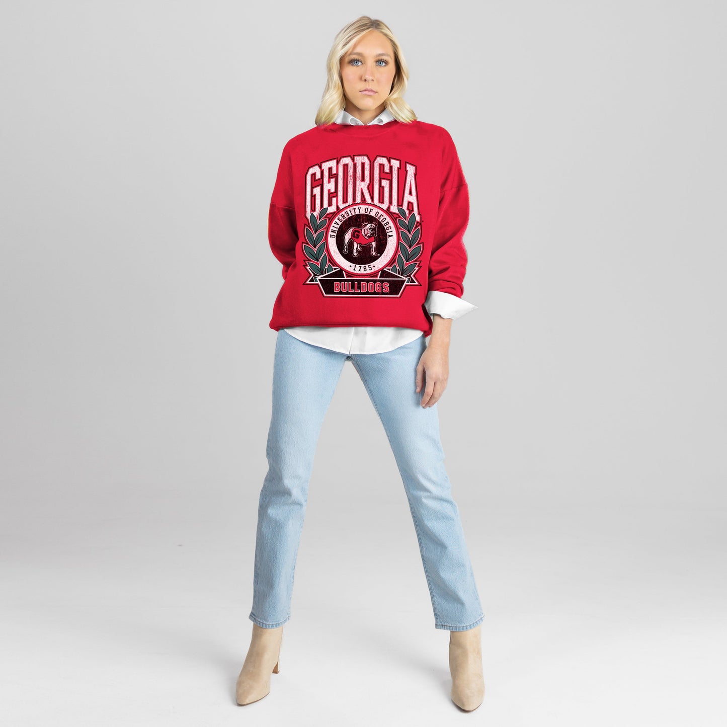 GEORGIA BULLDOGS CLASSIC ARCHIVES PREMIUM FLEECE DROP SHOULDER CREWNECK PULLOVER