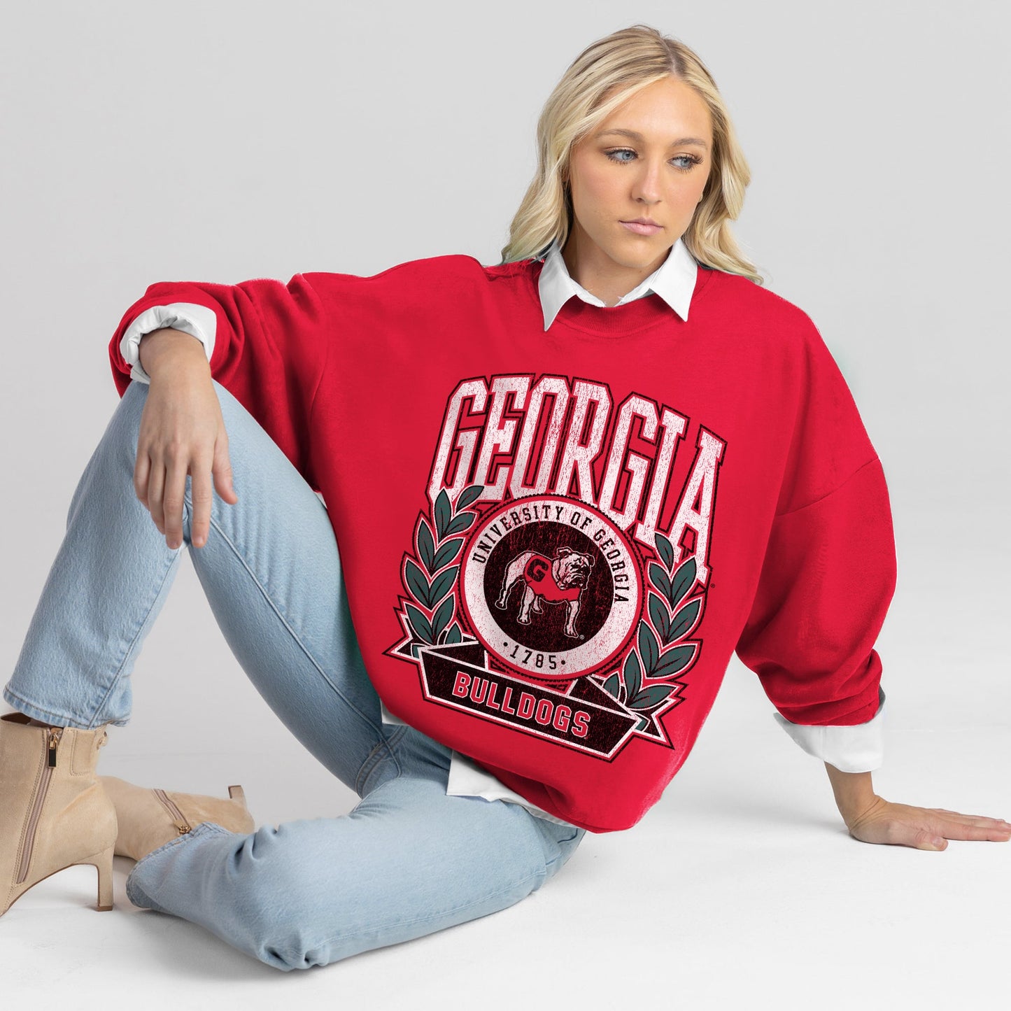 GEORGIA BULLDOGS CLASSIC ARCHIVES PREMIUM FLEECE DROP SHOULDER CREWNECK PULLOVER