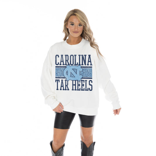 NORTH CAROLINA TAR HEELS FAIR CATCH LONG SLEEVE UNISEX FIT PREMIUM FLEECE CREWNECK SWEATSHIRT WITH RIBBED KNIT NECKLINE, WRIST, AND WAISTBAND