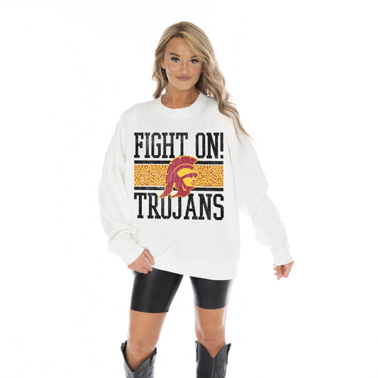 USC TROJANS FAIR CATCH LONG SLEEVE UNISEX FIT PREMIUM FLEECE CREWNECK SWEATSHIRT WITH RIBBED KNIT NECKLINE, WRIST, AND WAISTBAND