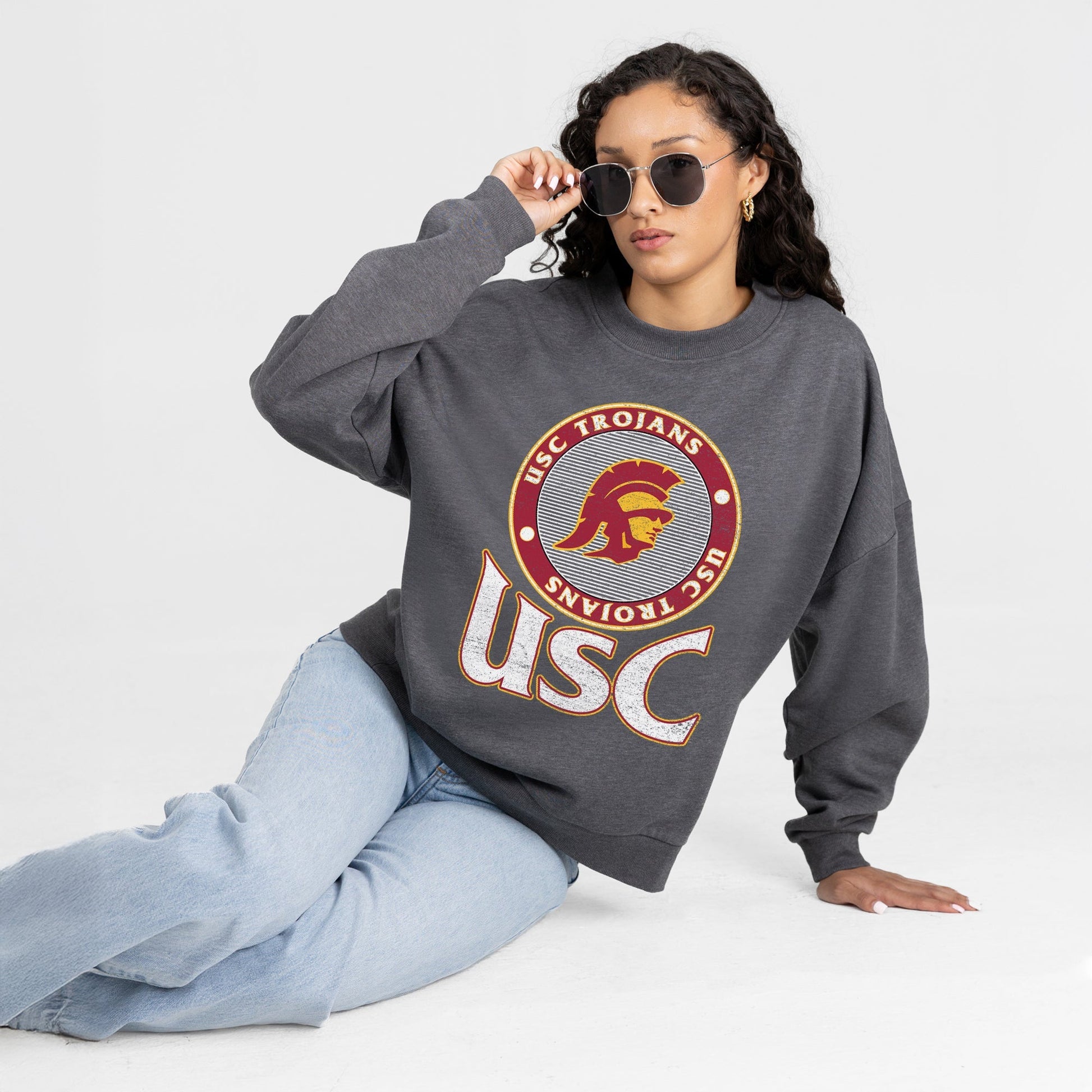 USC TROJANS SATURDAY SEAL PREMIUM FLEECE DROP SHOULDER CREWNECK PULLOVER
