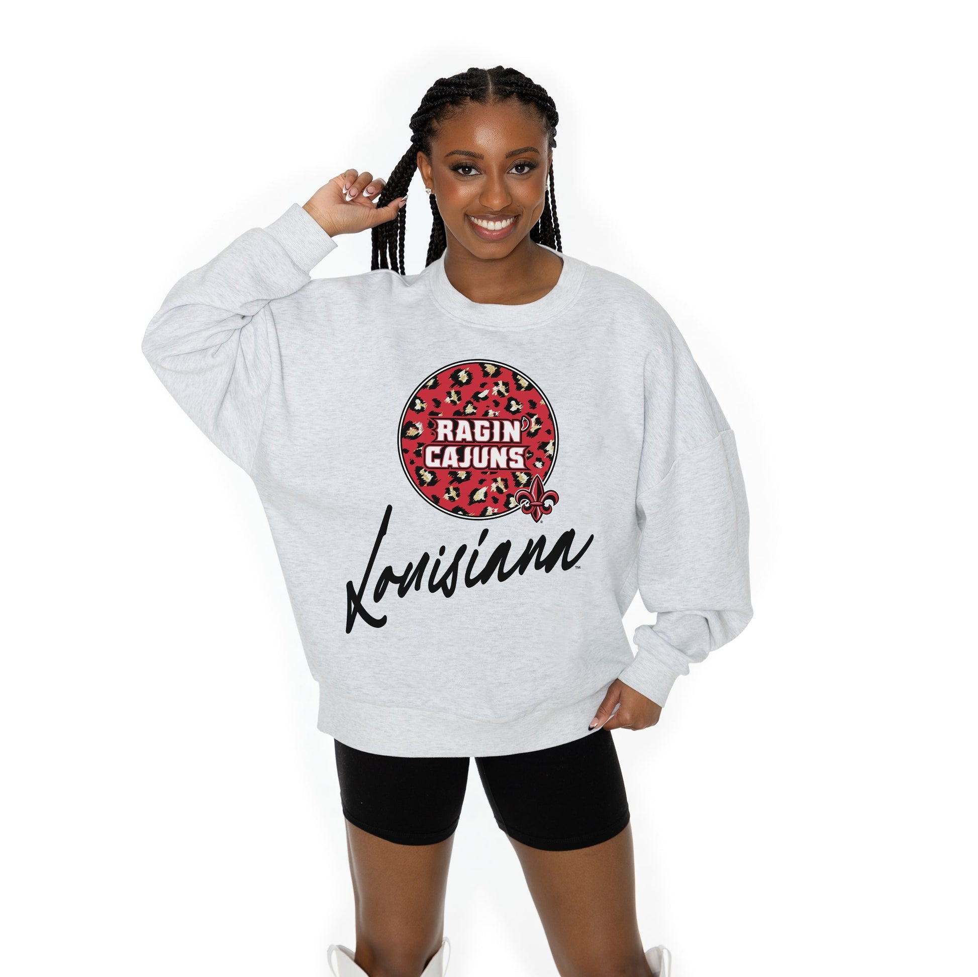 LOUISIANA RAGIN' CAJUNS GOING WILD LONG SLEEVE UNISEX FIT PREMIUM FLEECE CREWNECK SWEATSHIRT WITH RIBBED KNIT NECKLINE, WRIST, AND WAISTBAND