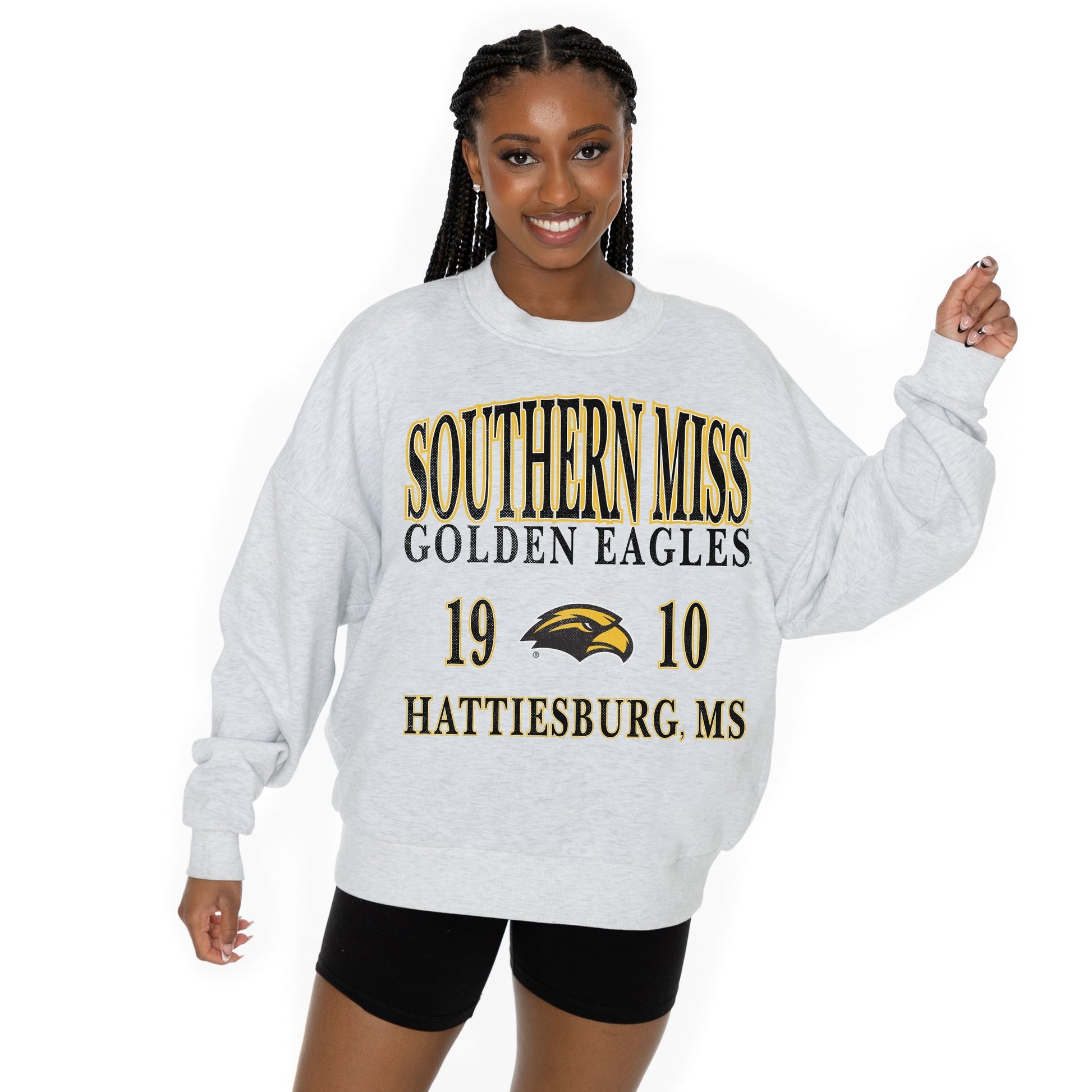 SOUTHERN MISS GOLDEN EAGLES ALLEGIANCE LONG SLEEVE UNISEX FIT PREMIUM FLEECE CREWNECK SWEATSHIRT WITH RIBBED KNIT NECKLINE, WRIST, AND WAISTBAND