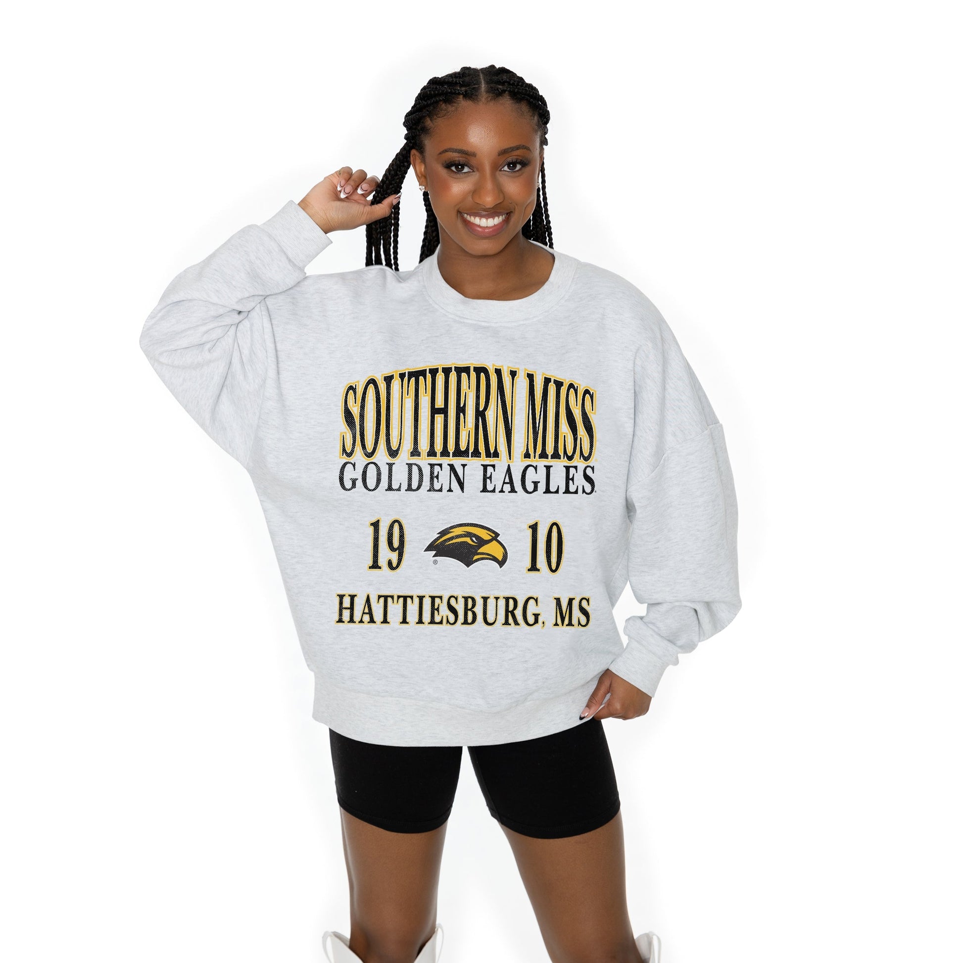 SOUTHERN MISS GOLDEN EAGLES ALLEGIANCE LONG SLEEVE UNISEX FIT PREMIUM FLEECE CREWNECK SWEATSHIRT WITH RIBBED KNIT NECKLINE, WRIST, AND WAISTBAND