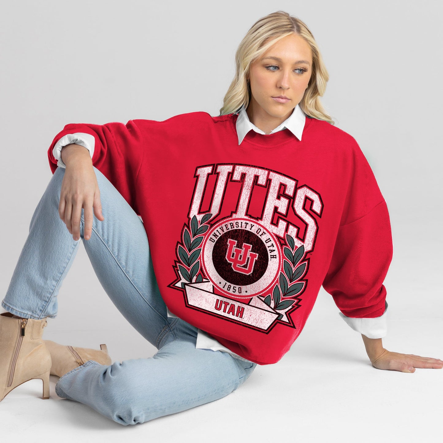UTAH UTES CLASSIC ARCHIVES PREMIUM FLEECE DROP SHOULDER CREWNECK PULLOVER