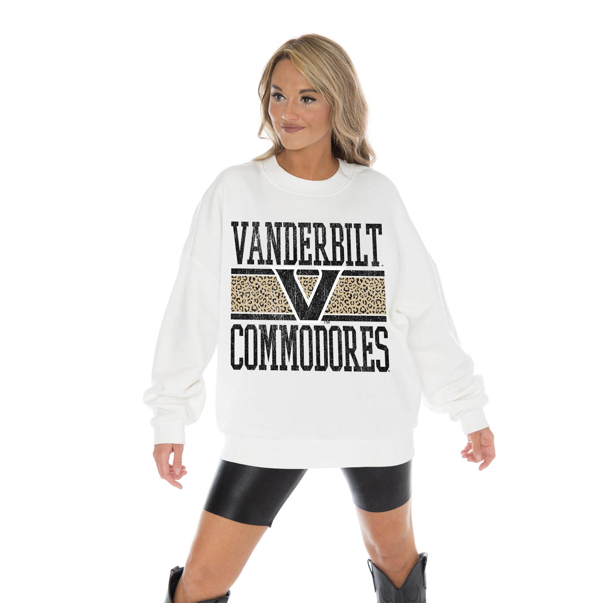 VANDERBILT COMMODORES FAIR CATCH LONG SLEEVE UNISEX FIT PREMIUM FLEECE CREWNECK SWEATSHIRT WITH RIBBED KNIT NECKLINE, WRIST, AND WAISTBAND