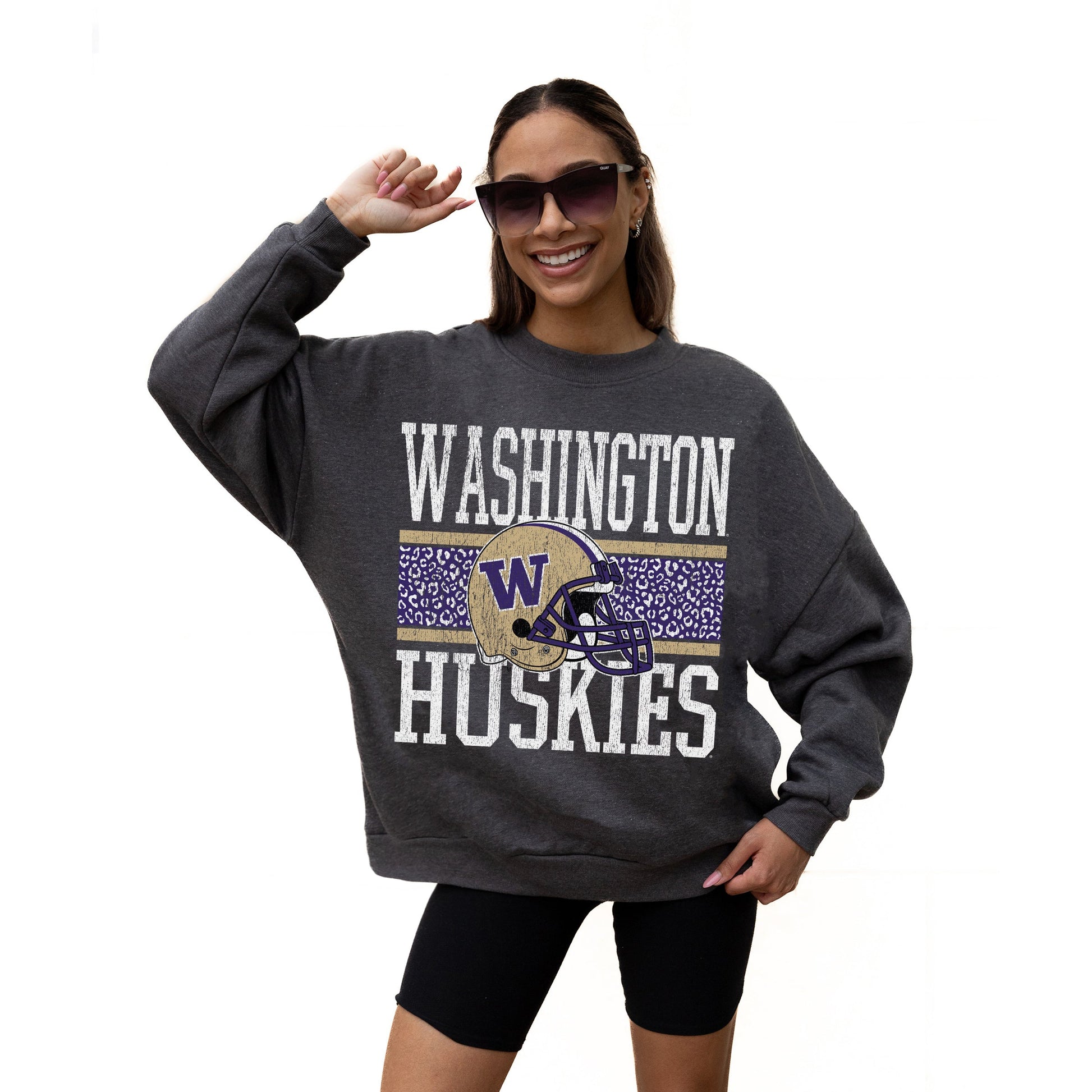 WASHINGTON HUSKIES WILD TAILGATE LONG SLEEVE UNISEX FIT PREMIUM FLEECE CREWNECK SWEATSHIRT WITH RIBBED KNIT NECKLINE, WRIST, AND WAISTBAND