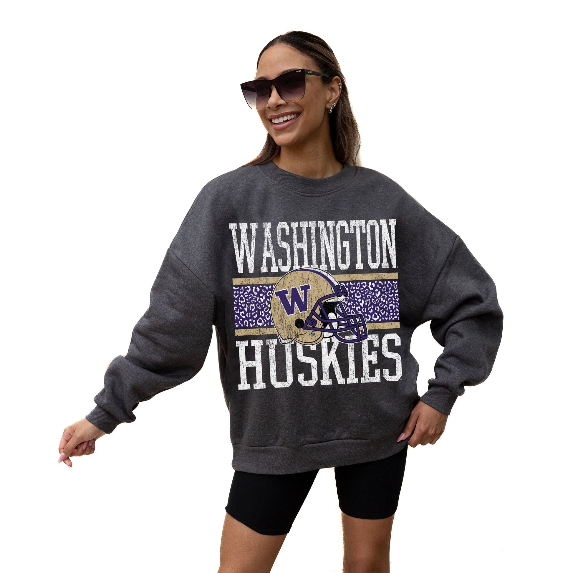 WASHINGTON HUSKIES WILD TAILGATE LONG SLEEVE UNISEX FIT PREMIUM FLEECE CREWNECK SWEATSHIRT WITH RIBBED KNIT NECKLINE, WRIST, AND WAISTBAND