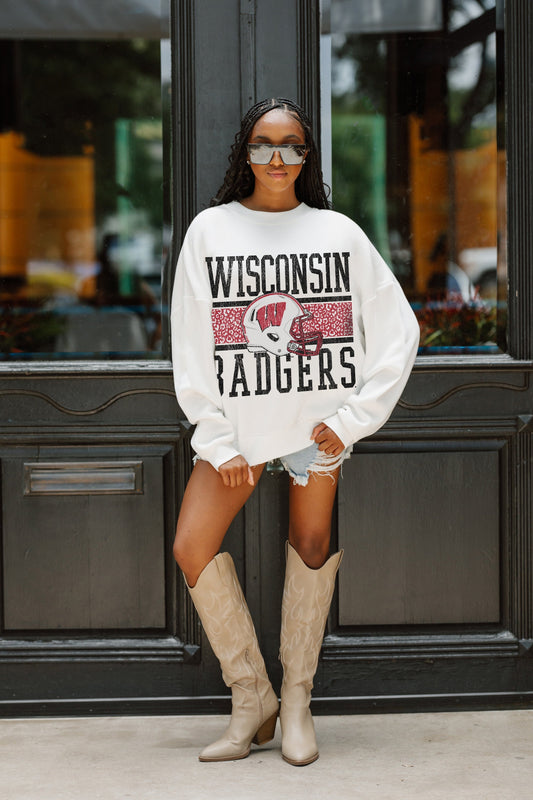 WISCONSIN BADGERS FAIR CATCH PREMIUM FLEECE DROP SHOULDER CREWNECK PULLOVER