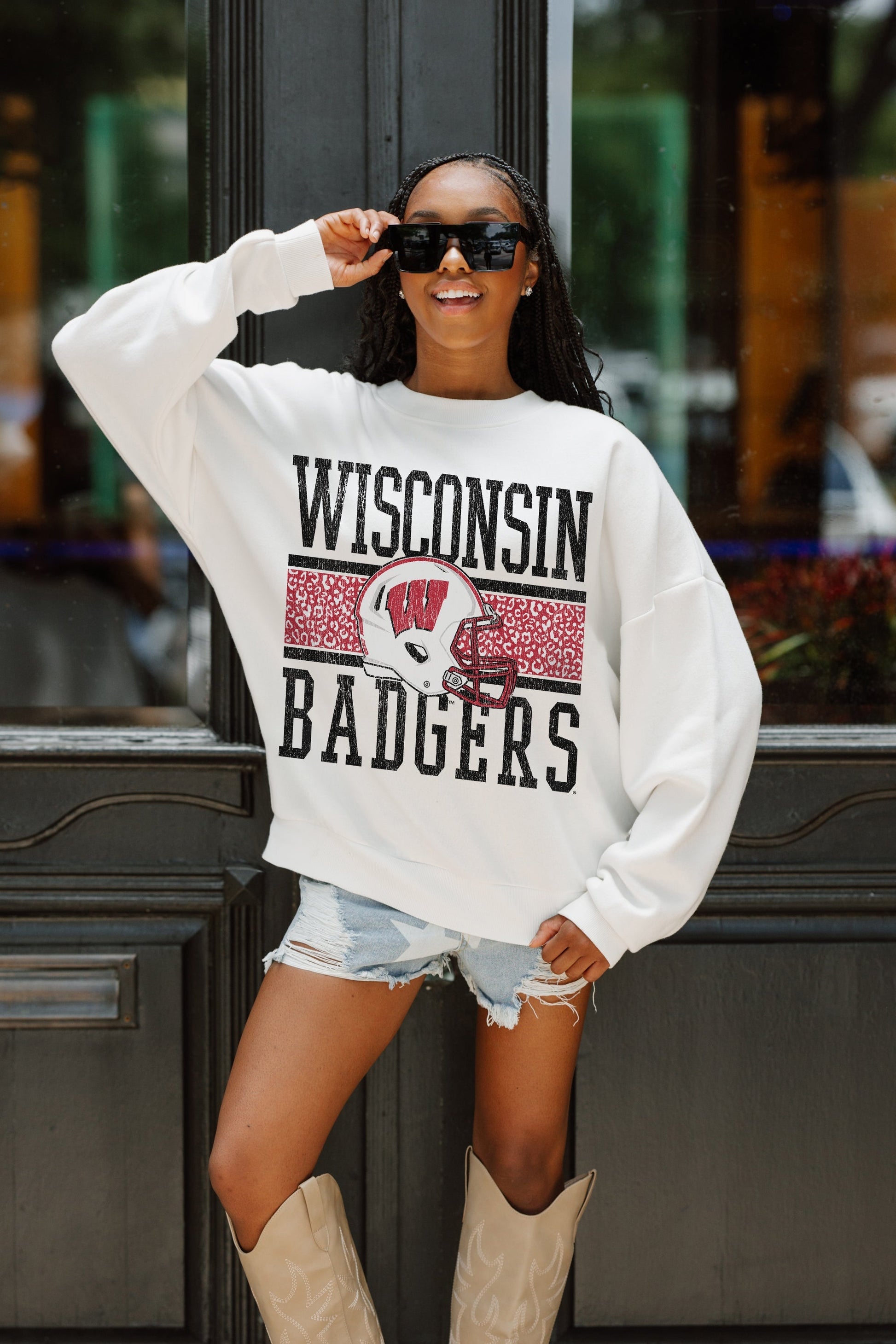 WISCONSIN BADGERS FAIR CATCH PREMIUM FLEECE DROP SHOULDER CREWNECK PULLOVER