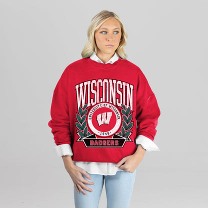 WISCONSIN BADGERS CLASSIC ARCHIVES PREMIUM FLEECE DROP SHOULDER CREWNECK PULLOVER