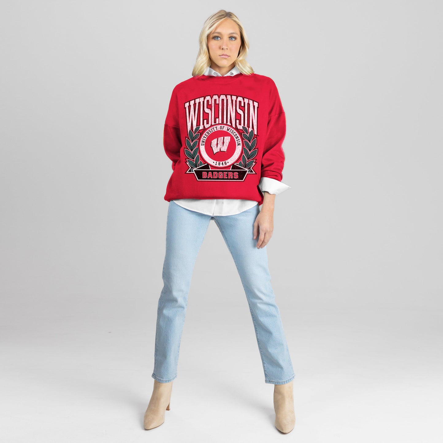 WISCONSIN BADGERS CLASSIC ARCHIVES PREMIUM FLEECE DROP SHOULDER CREWNECK PULLOVER