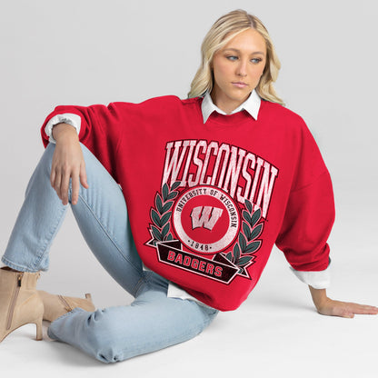 WISCONSIN BADGERS CLASSIC ARCHIVES PREMIUM FLEECE DROP SHOULDER CREWNECK PULLOVER
